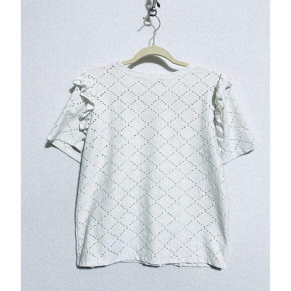 Zara Top Womens Medium Eyelet Short Sleeve Ruffle Trim White Stretch Knit Boho - Picture 4 of 6